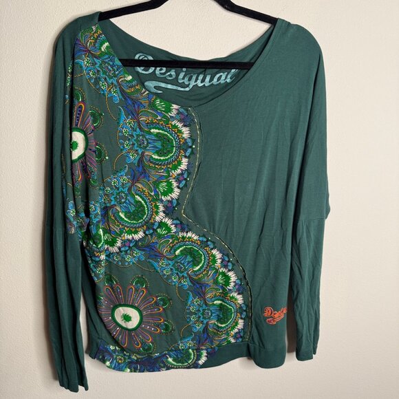 Desigual Women's Small Green Embroidered Long Sleeve Oversized Blouse Casual - Picture 2 of 7